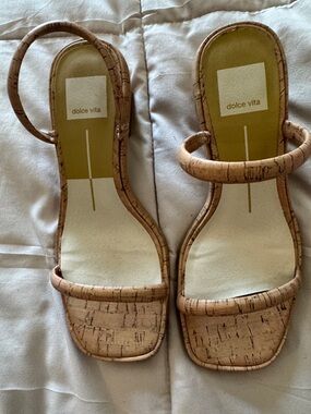 Dolce Vita Cork-Textured Strappy Heels in Beige